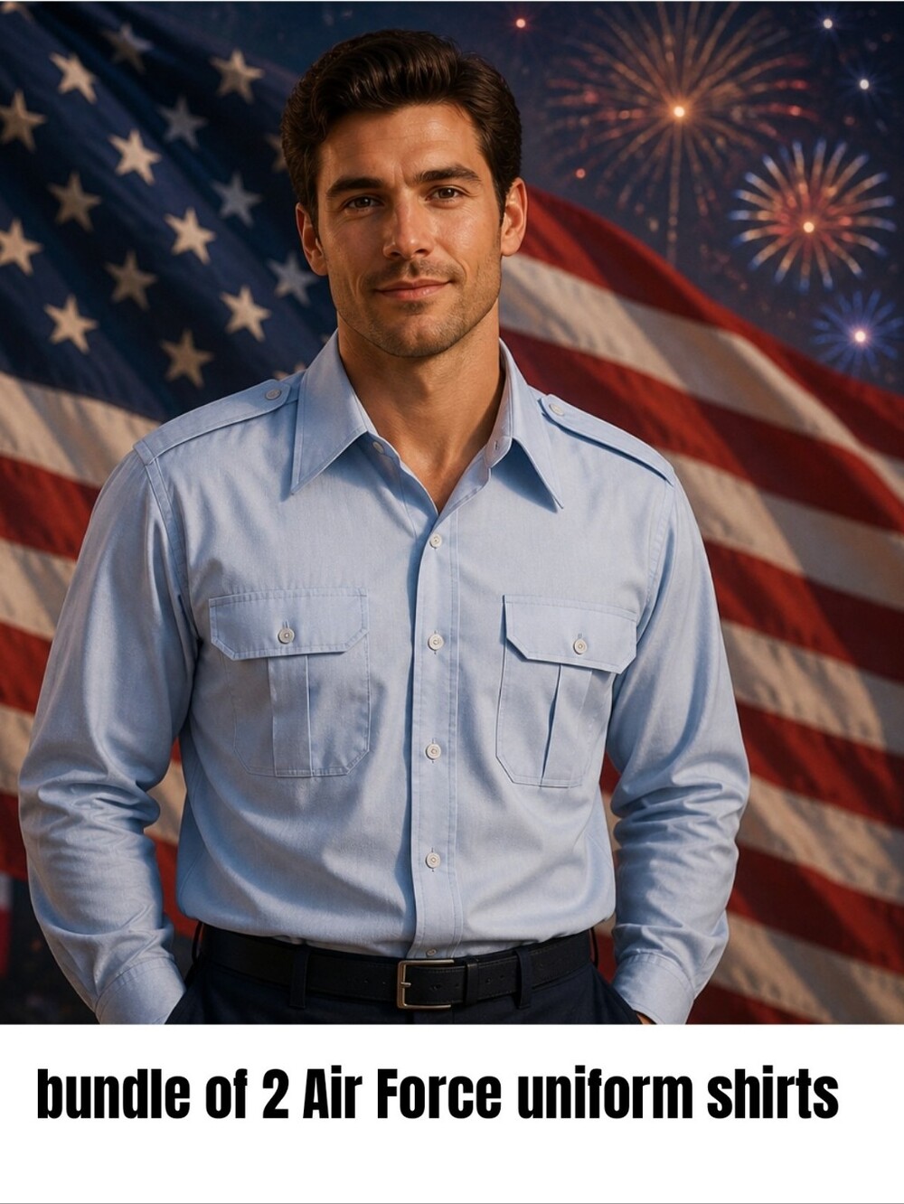 Men's Light Blue Long-Sleeve Dress Shirt with Dual Chest Pockets Air Force Shirt